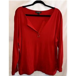 Lauren Ralph Lauren Womens Plus Size 2X Red Long Sleeve Henley VNeck Gold Detail